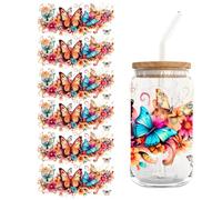 URFEDA 5 fogli di adesivi di trasferimento DTF a forma di farfalla, motivo floreale, fai da te, per bicchieri di vetro da 16 once, impermeabili, trasparenti, per tazze di vetro, vaso