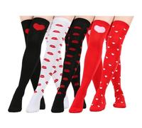 URFEDA Calze sopra il ginocchio da donna, 1 paio di calzini alti opachi rossi, motivo a cuore, per coscia, colore nero, bianco, per San Valentino, Halloween, costume di Natale e ragazza, 5 paia