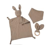 URFEDA Regalo per la nascita, set regalo per bambini, 3 pezzi, con testa di coniglio, bavaglino, massaggiagengive in cotone, panno in mussola, regalo per la nascita, per ragazze e ragazzi