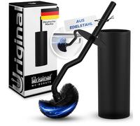 URIGINAL® Scopino per WC con detergente per bordi, spazzola per WC per una pulizia accurata, colore nero, spazzola per WC in acciaio inox con effetto loto, setole dure per la massima igiene
