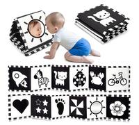 URMYWO Libri Sensoriali Neonato con Specchio, Libro di Stoffa per Neonati,Giochi Neonato 0 3 6 12 Mesi, Tummy Time, Libri di attività in Bianco e Nero con 11 Motivi, Pieghevole e Lavabile