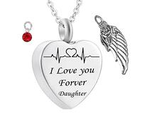 Urn Necklace Human Ashes,Heart with Angel Wing Birthstone and ECG Engraving I Love You Forever Daughter Urn Pendant Stainless Steel Necklace Urns for Ashes