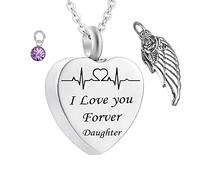 Urn Necklace Human Ashes,Heart with Angel Wing Birthstone and ECG Engraving I Love You Forever Daughter Urn Pendant Stainless Steel Necklace Urns for Ashes