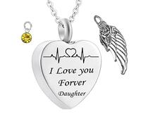 Urn Necklace Human Ashes,Heart with Angel Wing Birthstone and ECG Engraving I Love You Forever Daughter Urn Pendant Stainless Steel Necklace Urns for Ashes