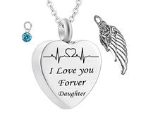 Urn Necklace Human Ashes,Heart with Angel Wing Birthstone and ECG Engraving I Love You Forever Daughter Urn Pendant Stainless Steel Necklace Urns for Ashes