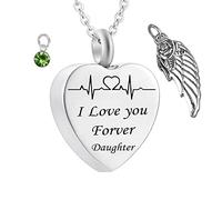 Urn Necklace Human Ashes,Heart with Angel Wing Birthstone and ECG Engraving I Love You Forever Daughter Urn Pendant Stainless Steel Necklace Urns for Ashes