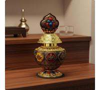 Urna Buddista Otto Simboli Fausti Intagliato Recipiente Rituale per Altare