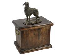 Urna commemorativa Borzoi in legno massiccio per le ceneri del cane, con statua