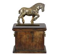 Urna funeraria belga con ceneri di cavallo, urna con statuetta, elegante urna co