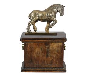 Urna funeraria belga con ceneri di cavallo, urna con statuetta, elegante urna co