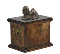 Urna in legno massiccio per le ceneri del cane Lhasa Apso, con statua del cane.