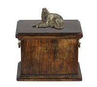 Urna in legno massiccio Borzoi sdraiato per le ceneri del cane, con statua del c