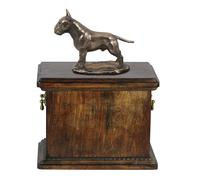 Urna in legno massiccio Bull Terrier per le ceneri del cane, con statua del cane