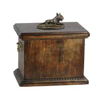 Urna in legno massiccio Bull Terrier sdraiato felice per le ceneri del cane, con