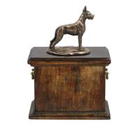 Urna in legno massiccio per le ceneri del cane, con statua del cane.