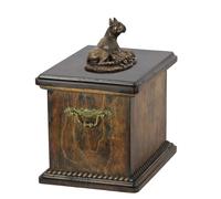 Urna in legno massiccio per le ceneri del cane, con statua del cane.