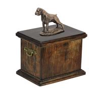 Urna in legno massiccio per le ceneri del cane, con statua del cane.