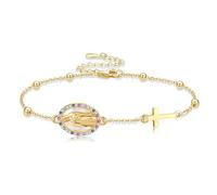 URONE Bracciale con la Vergine Maria in argento Sterling con perle di rosario con ciondolo a forma di croce "Virgen de Guadalupe", gioielli cristiani da donna, 19.05 cm, Argento sterling, Senza