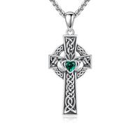 URONE Claddagh Collana a croce in argento Sterling 925 con ciondolo a forma di croce celtica con pietra portafortuna per maggio irlandese, regalo per donne e uomini, Nessuna pietra preziosa