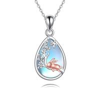 URONE Collana a coniglio in argento sterling 925, con coniglio e pietra di luna, con ciondolo a goccia, idea regalo per donne e ragazze, Argento sterling, Nessuna pietra preziosa