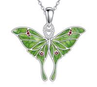 URONE Luna - Collana a forma di falena, in argento Sterling 925, con ciondolo a forma di luna verde