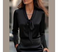 URPIZY Camicetta da donna in morbido poliestere, vestibilità larga, da | Tessuto di raso liscio, elegante collo a scialle, design a maniche lunghe, perfetto per l'ufficio, colore nero