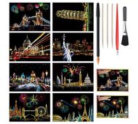 URROMA 8pcs Scratch Painting Rainbow Paper Set Arcobaleno Pittura Scratch Off Doodle Carta Scratch Paper Kit Arti con Strumenti Paesaggio Scratchboard