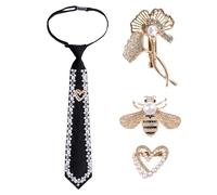 URROMA La cravatta con perle include 3 spille abbinate, papillon pre-annodato regolabile con strass per matrimoni, cerimonie di laurea, feste