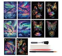URROMA Scratch Art - Set da 8 pezzi di carta per pittura con arcobaleno, balena e farfalla, kit artistico con strumenti per il paesaggio