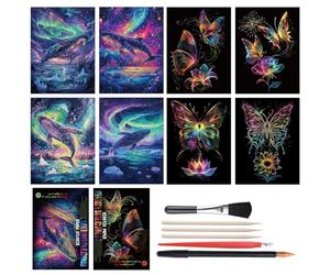 URROMA Scratch Art - Set da 8 pezzi di carta per pittura con arcobaleno, balena e farfalla, kit artistico con strumenti per il paesaggio