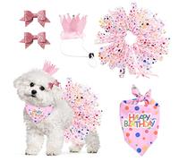URROMA Set di 4 pezzi per animali domestici, bandana di compleanno con cappello e vestito per ragazze tornanti alla moda per feste tutù gonna rosa regalo per cani gatti animali domestici