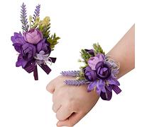 URROMA Set di bouquet da polso e fiore all'occhiello 1 set di piccole rose viola per ballo di fine anno, bouquet da polso artificiale per matrimoni, feste di fine anno