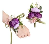 URROMA Viola Scuro Bouquet di Fiori Artificiali da Polso Set di 2, Bracciale di Rose da Uomo per Prom, Matrimonio, Damigelle d'Onore, Madri, Nonne