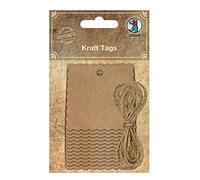 URSUS 40640002 Kraft Tags - Etichette in carta Kraft, 12 pezzi rettangolari con linee ondulate, con 2 m di filo di canapa per il fissaggio, ideali per regali, marrone, taglia unica