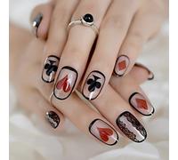 URTJSDG Unghie Finte Poker Decalcomanie in Pizzo Nero Unghie Finte False Carte da Gioco Design Manicure Decorazione per Unghie Artistiche Cuore Rosso Spade Pattern Faux Ongles