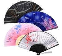 Uryxery 4 Pezzi Ventagli Pieghevoli a Mano, Tela e Bamboo, Ventaglio da Borsetta, 21×38 cm, Decorazione Matrimonio & Uso Quotidiano, Ventaglio Tascabile