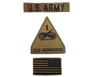 US Army OCP 1St Armor Old Ironsides Uniform Klett Tab Patch Set USA Bandiera