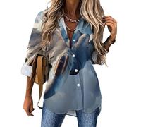 US Fighter Plane F-22 Raptor in Flight Button Down Camicie da donna a maniche lunghe con scollo a V casual vestibilità ampia camicetta top, Stile:, XXL