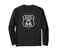 US Route 66 Historical Sign - Distressed Road Trip Design Maglia a Manica, Unisex per Adulti, Nero, M