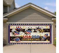 USA 250 Celebrating Garage Door Cover, Fun Bee Pattern Red White Blue Decorations, Festive Outdoor Indipendence Day Decor 390 x 180 cm