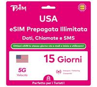 USA eSIM 15 giorni. Dati ad alta velocità illimitati, chiamate e SMS locali negli USA (Hawaii incluse). Ricevi l’eSIM via e-mail lo stesso giorno e attivala subito, senza attendere il pacco.