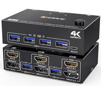 USB 3.0 HDMI + DisplayPort Switch KVM 2 PC 2 Monitor 4K@60Hz 2K@120Hz, MLEEDA Dual Monitor KVM Switch 2 PC con 4 Porte USB 3.0 per Tastiera, Mouse, Dotato Telecomando Cablato e Cavi
