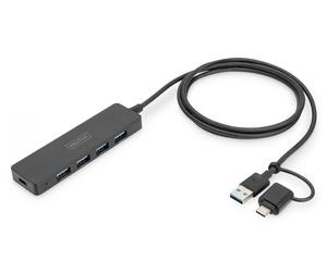 USB 3.0 Hub 4-Port, Slimline with USB-C Adapter, 5Gbps, 1,2m cable