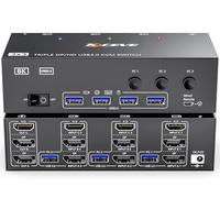 USB 3.0 KVM Switch 3 Monitor 3 PC 8K@60Hz 4K@144Hz, MLEEDA HDMI+2 Displayport KVM Switch 3 PC Condividi 3 Monitor e 4 Dispositivi USB 3.0, con Alimentatore da 12V DC, Telecomando Cablato e 3 Cavi USB