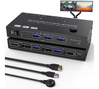 USB 3.0 KVM Switch Displayport 2 computer 2 monitor 4K@144Hz, kvm switch per doppio monitor MST, ingresso DP, uscita DP+HDMI con 4 porte USB 3.0, telecomando cablato e cavi Displayport 1.4 inclusi