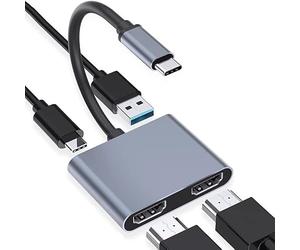 USB C to Dual HDMI Adapter 4K 60hz, Type C to HDMI Splitter for 2 Monitors, 4 in 1 USB C Hub 2HDMI, USB 3.0, 100W PD, Extended Display for MacBook Air/Pro Thunderbolt 4, Multiport Two Screen Dongle