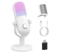 USB Microfono PC Gaming RGB: PC Gaming Microfoni per PS4 & PS5 - Microphone con Pulsante di Silenziamento - Podcast Micro per Youtuber - Regalo Cancellazione del Rumore Microfono per Gamer Bianco