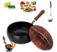 Usceshonn Iron Pot,24/26/28cm Handmade Hammered Large Belly Pot with Wooden Lid/Glass Cover, Triple Stainless Steel - Purpose for Baking, Cooking, Stewing (Wooden lid,26cm)