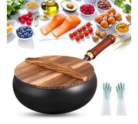 Usceshonn Iron Pot, 24/26/28cm Handmade Hammered Uncoated Thick Iron Pot with Wooden Lid/Glass Cover, Usceshonn Cast Irons Pots for Multi-Cooking, Japanese Irons Pan (Wooden Lid,28cm)