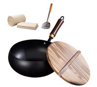 Usceshonn Iron Pot, 7.87-11.81 inch Uncoated Iron Pan with Lid, Triple Stainless Steel Non-Stick Pans with Wooden Lid/Glass Cover/Spatula, for Cooking, Stewing (Smooth Wood Cover,9.45in)